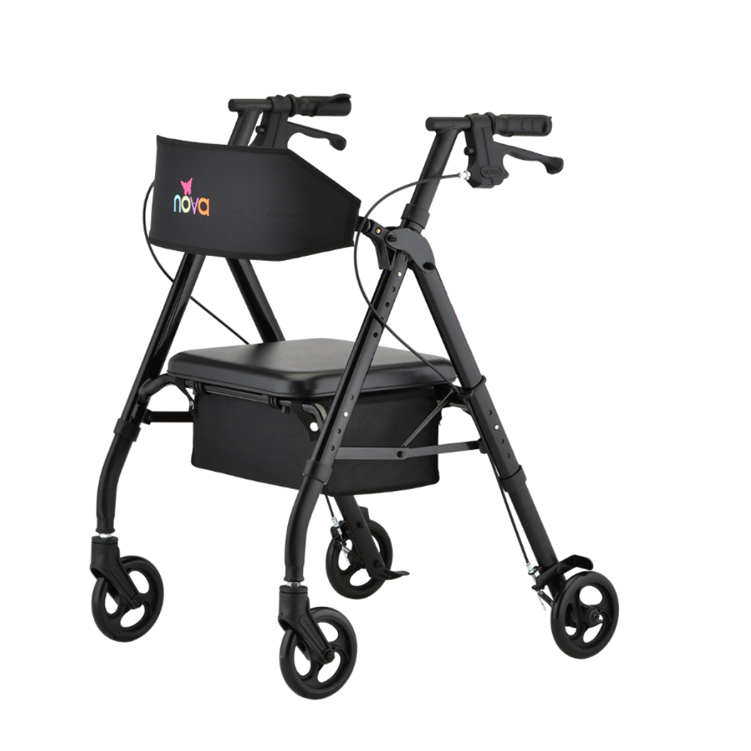 The Nova Medical Star 6 OS Rollator Walker is a lightweight, foldable black rollator with four wheels, hand brakes, padded seat, storage pouch under the seat, and nova logo on the backrest for comfort and convenience.